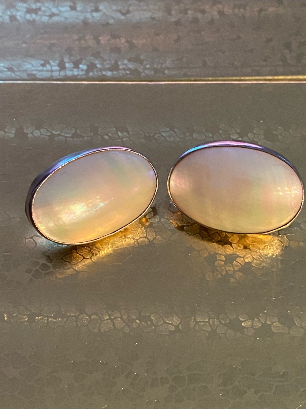 Vintage Mother of Pearl & Sterling Silver Oval Clip-On Earrings, Y2K
